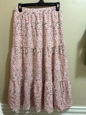 Pink Floral Tiered Midi Skirt